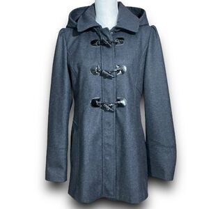 Guess Grey Button & Zip Up Hooded Puffer Babydoll Peacoat Jacket Coat